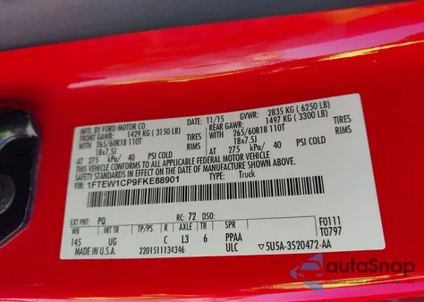 2015 Ford F-150 Xlt из США, поврежденный, VIN 1FTEW1CP9FKE88901